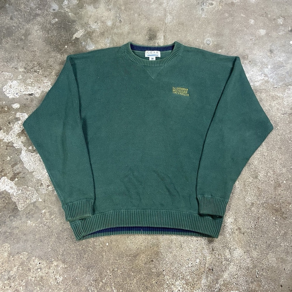 Vintage 90s Norther Michigan University Knit Sweater Size XL Green Pullover Crew